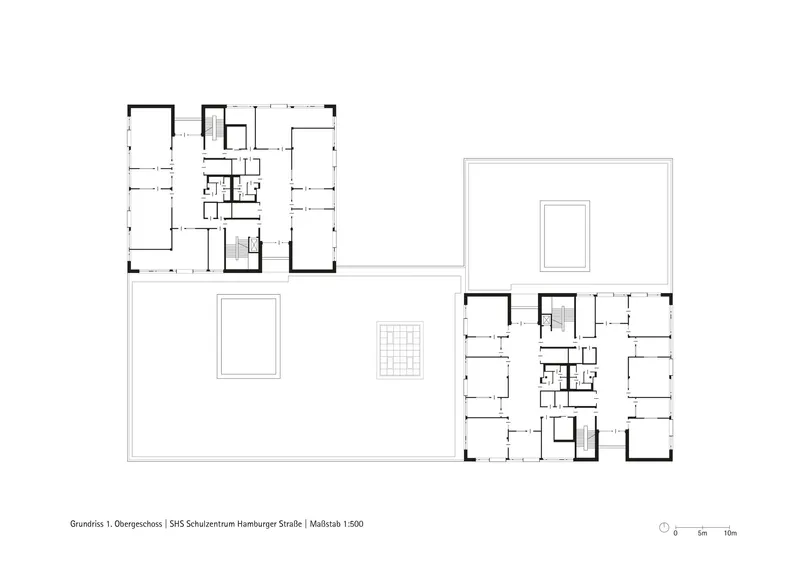 Floor plan drawing showing two buildings connected by a terrace with grid paving and courtyard spaces