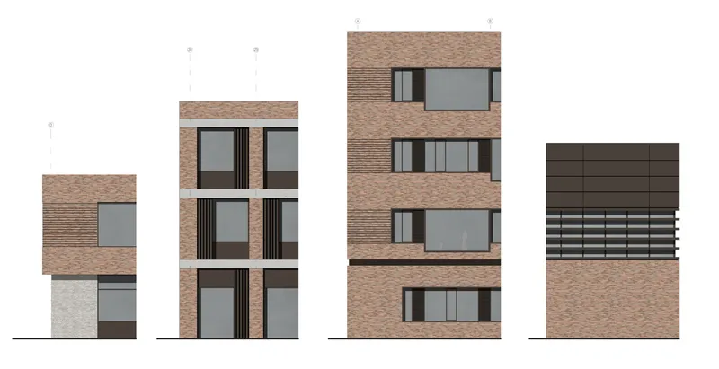 Elevation drawing showing four facade variations with brick cladding and varied window arrangements