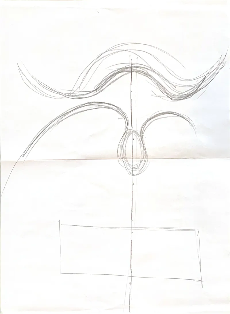 Pencil elevation sketch depicting a curved roof with a central vertical axis and lobed volumes