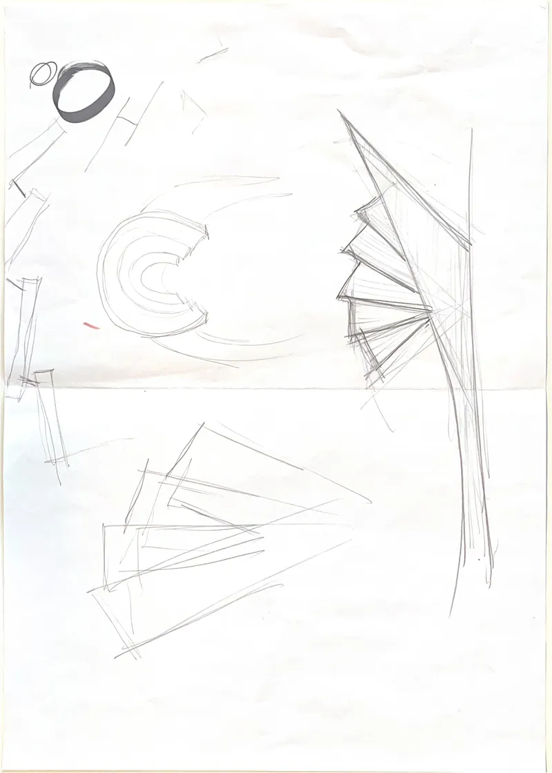 Plan sketch showing circular and triangular geometric studies with overlapping pencil linework