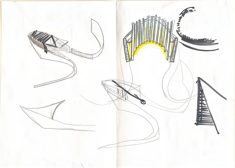 Conceptual sketches exploring curved structural forms with vertical elements and sweeping canopies