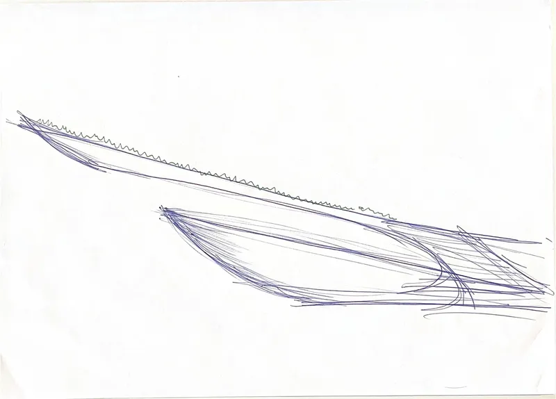 Sketch of an angular canopy structure with triangulated support elements in blue ink