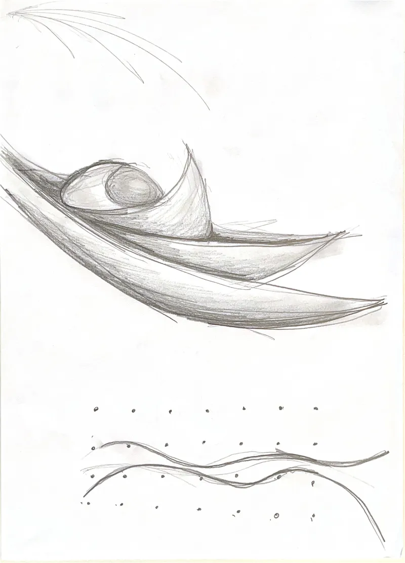 Sketch showing layered curving roof forms with an oval volume nestled beneath sweeping structural lines