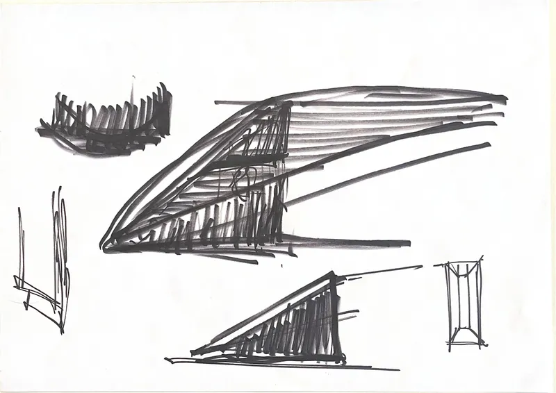 Sketch studies exploring angled roof profiles and structural rib patterns in loose marker strokes