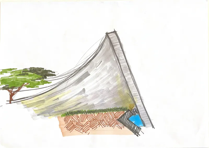 Watercolor perspective sketch of a triangular roof volume with patterned paving and a tree beside it