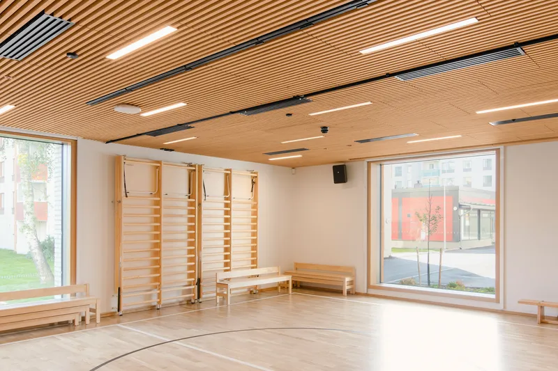 Gymnasium with timber slatted ceiling, wall bars, benches, and large windows overlooking the street