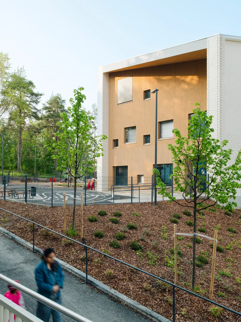 Timber-clad facade with scattered windows above a sloped planted bed and a figure passing below