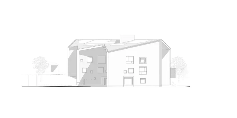 Elevation drawing showing gabled volumes with varied window patterns and surrounding trees