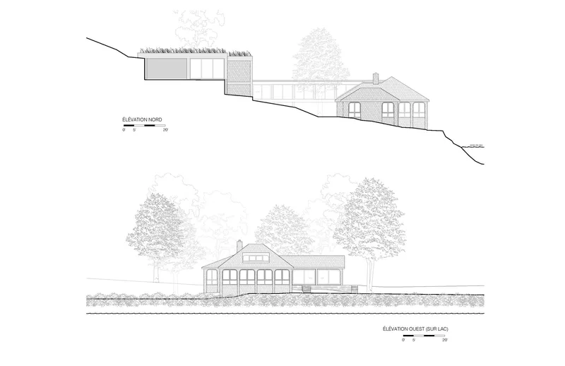 North elevation and west elevation drawings of a house connected to a garage on sloping terrain with trees