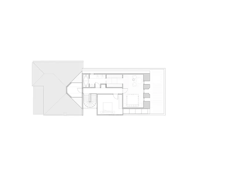 Upper floor plan drawing with existing pitched roof, spiral stair, bedroom, and new roof terrace extension