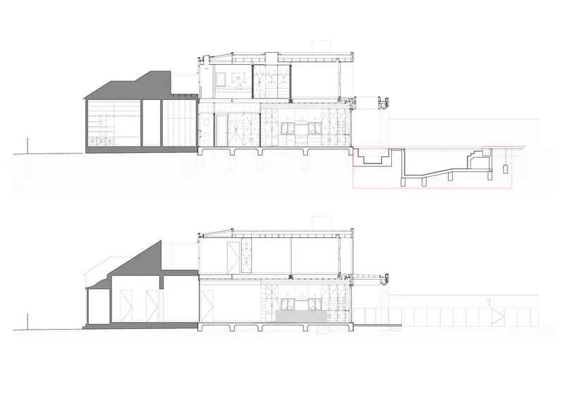 Two longitudinal section drawings showing existing pitched roof structure and new timber frame extension with open living spaces
