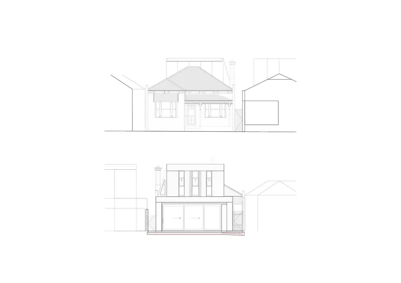 Two elevation drawings showing existing pitched roof house with new flat roof extension and fenestration pattern