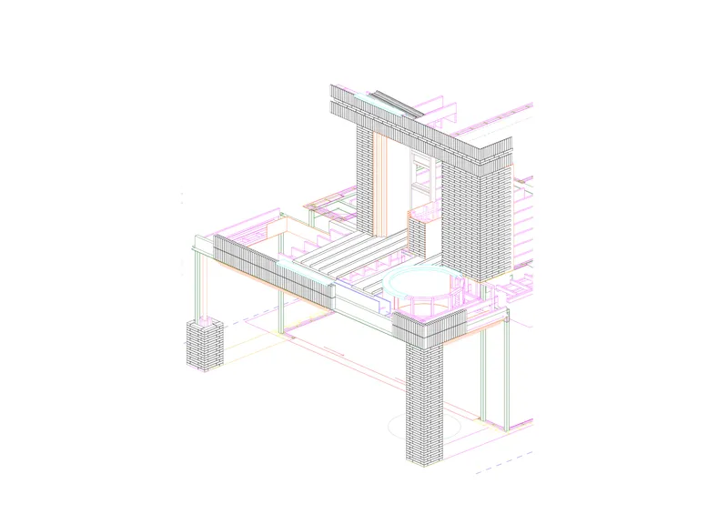 Axonometric drawing showing a table-like structure with masonry piers and horizontal framing members