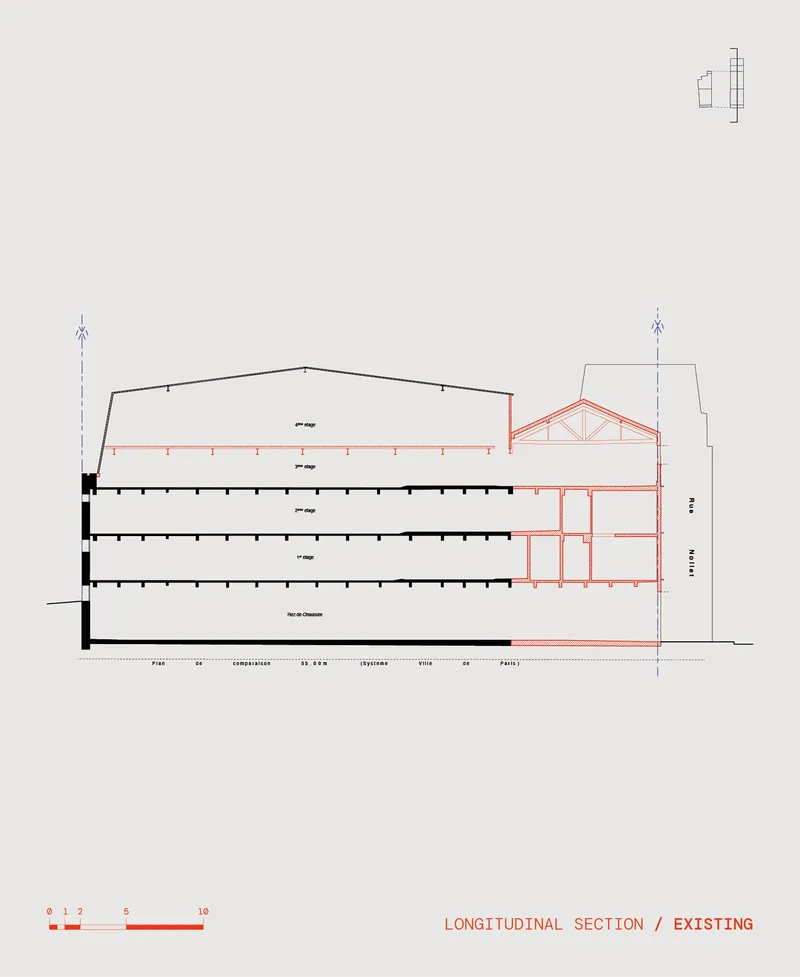 Longitudinal section drawing through existing building showing gabled roof and four floor levels