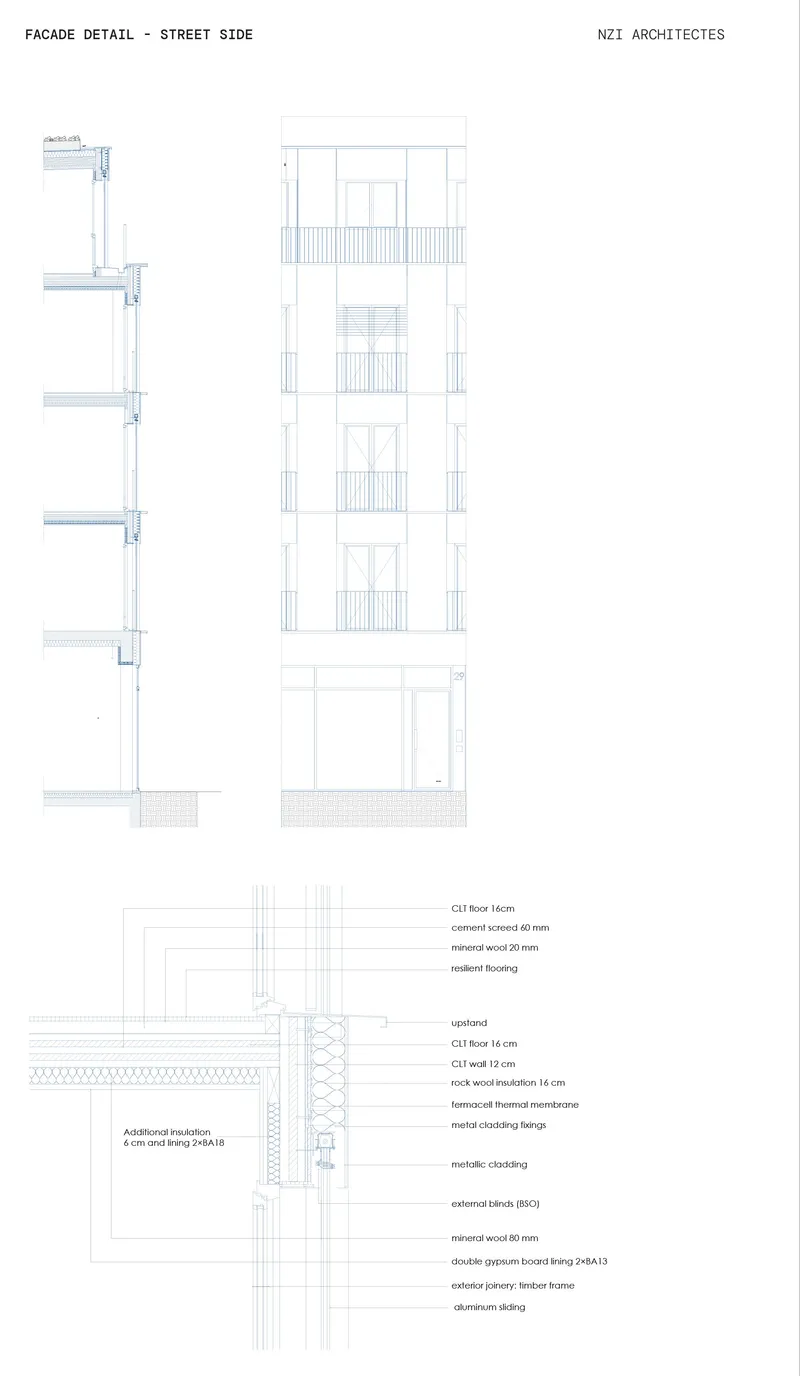 Facade detail section showing street-facing elevation with balconies and material transitions at ground level