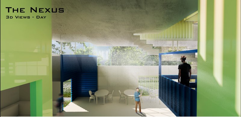 Day view interior showcasing layered modular container spaces designed for movement, interaction, and visual connectivity.