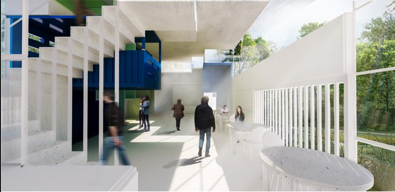 Open circulation spine integrating indoor and outdoor seating, reinforcing transparency and social flow within the architecture.