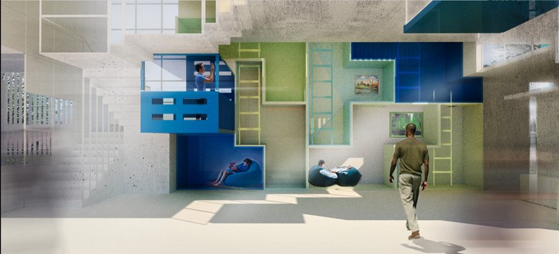 Tetris-inspired modular seating niches creating semi-private zones within an open, interactive spatial framework.