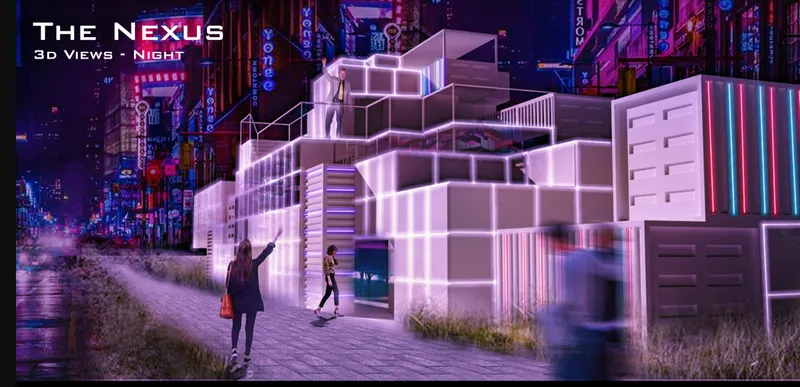 Night facade transforming the modular container architecture into a luminous urban landmark through integrated lighting.