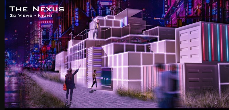 Night facade transforming the modular container architecture into a luminous urban landmark through integrated lighting.