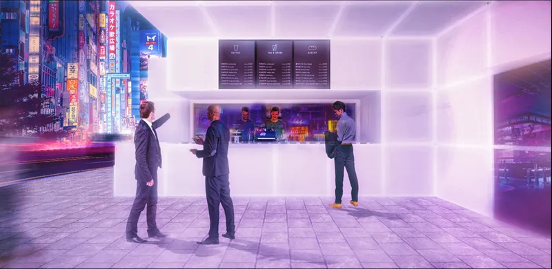 Interactive coffee bar experience framed within a glowing modular grid, enhancing user engagement and visibility.