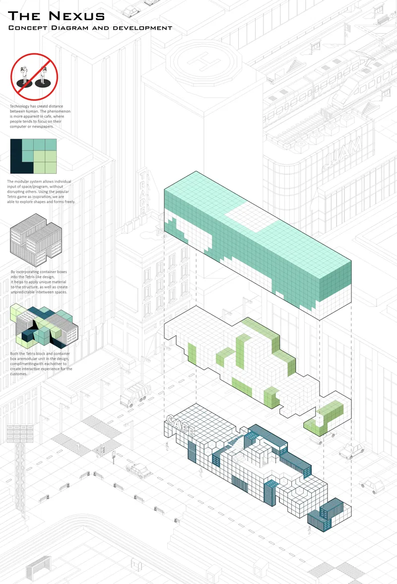 Concept diagram illustrating the aggregation of container modules into a flexible, scalable architectural system.