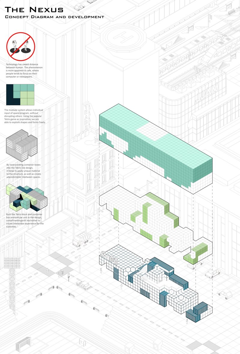 Concept diagram illustrating the aggregation of container modules into a flexible, scalable architectural system.