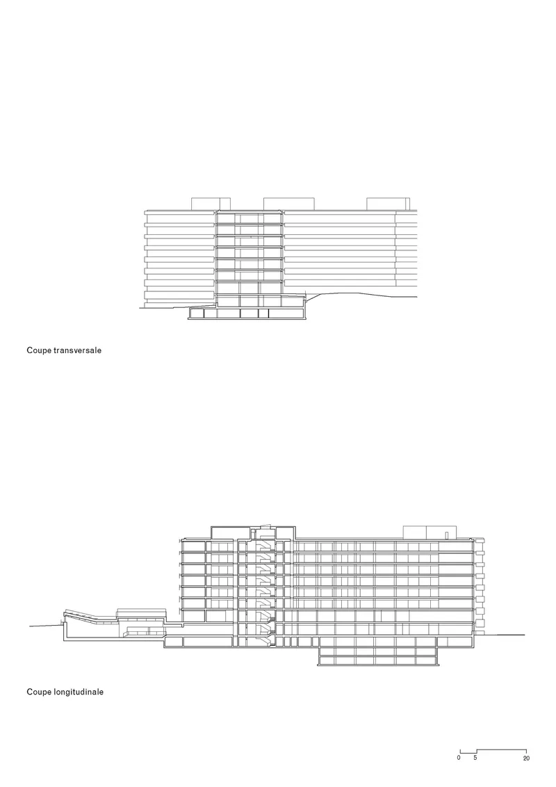 Transverse and longitudinal section drawings showing the horizontal banding and central tower element