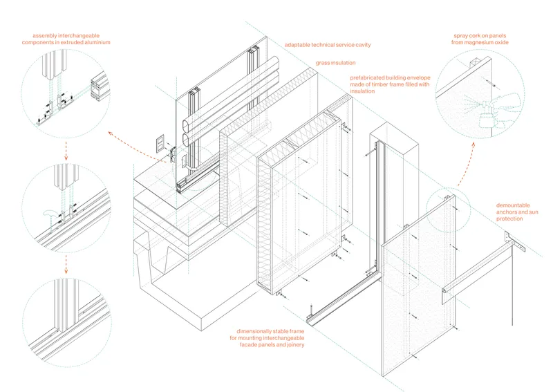 Axonometric assembly drawing of prefabricated timber frame system with annotated construction details
