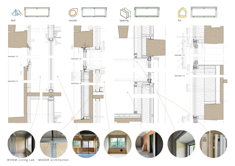 Detail drawing sheet showing four window configurations with section cuts and corresponding interior photographs