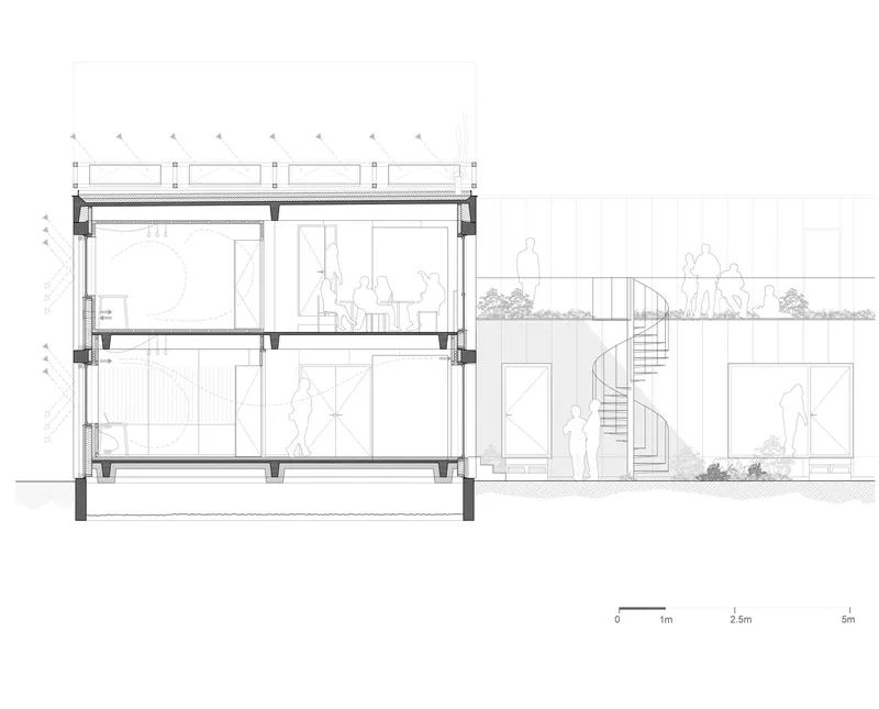 Section drawing through three-story volume with exterior spiral stair and rooftop terrace with figures