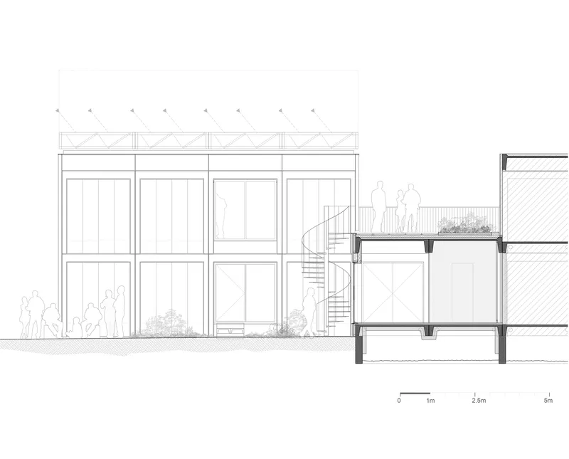 Section drawing showing glazed street facade with spiral stair connecting to lower underground levels