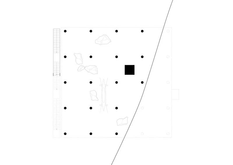 Floor plan drawing showing a grid of columns with scattered furniture outlines and a solid core element