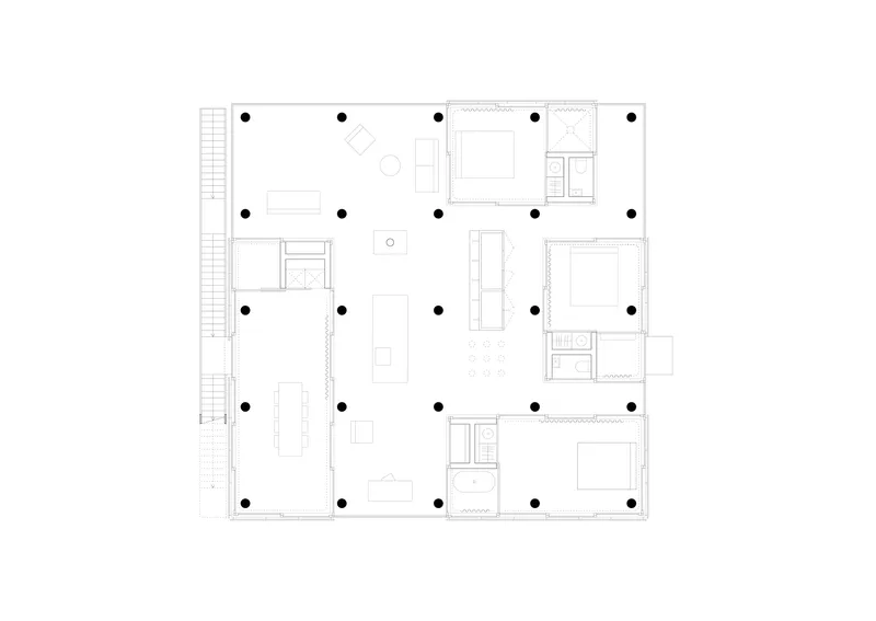 Floor plan drawing depicting a square layout with peripheral service rooms and open central space on columns