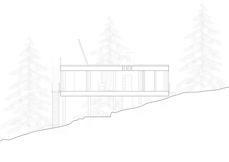 Section drawing of a two-level structure on sloping terrain among evergreen trees