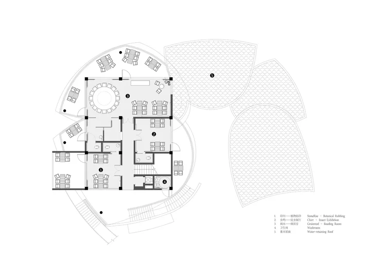 Floor plan drawing showing upper level with curved interior spaces and outdoor terraces