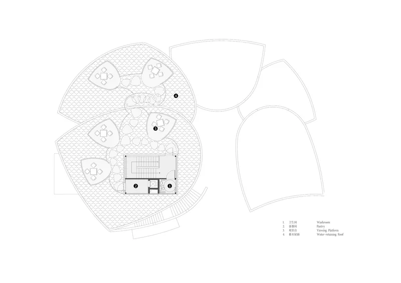 Roof plan drawing showing petal-shaped terrace arrangements surrounding central service core