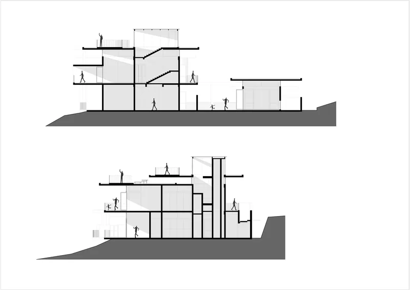 Section drawings showing multi-level interior spaces with stairs and human figures on a sloping site