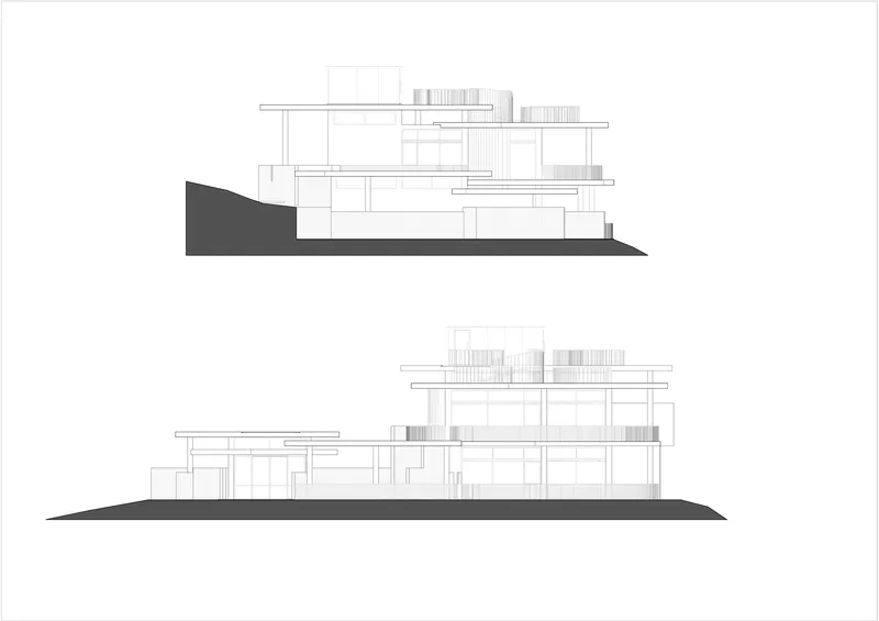 Elevation drawings depicting layered horizontal volumes with rooftop elements on a sloped terrain