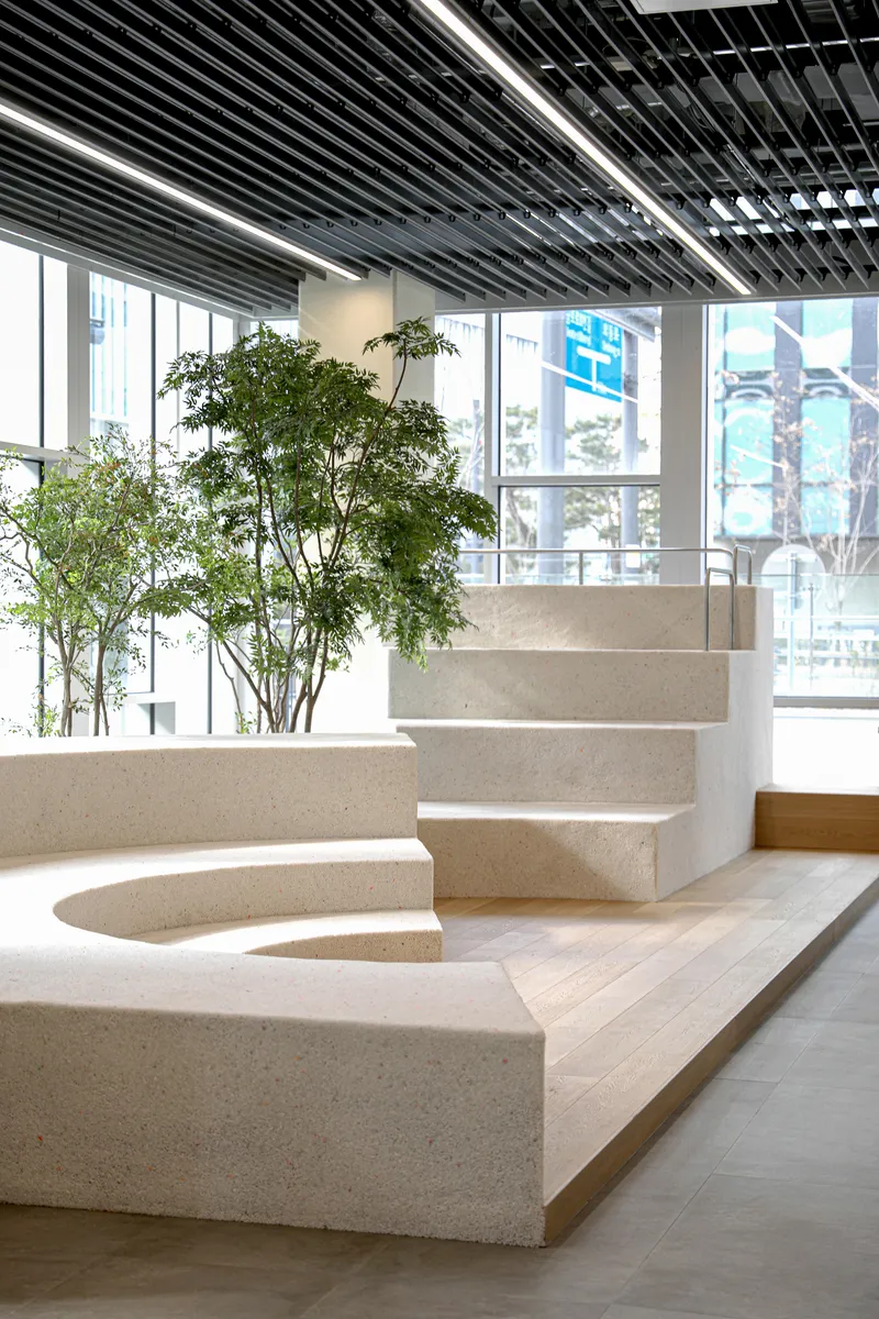 Terrazzo seating steps with integrated planter box and slat ceiling beneath floor-to-ceiling windows