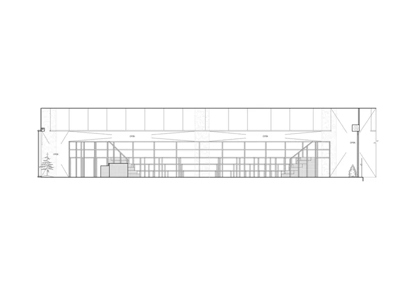 Elevation drawing depicting horizontal facade with grid of glazing and structural bracing elements