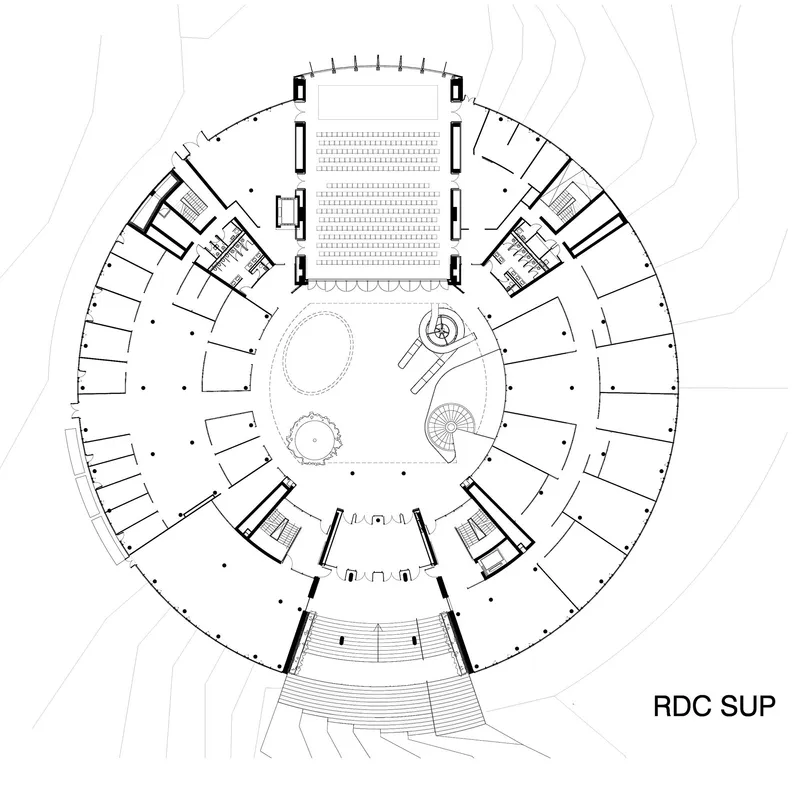 Floor plan drawing showing circular building with central atrium and radiating laboratory wings