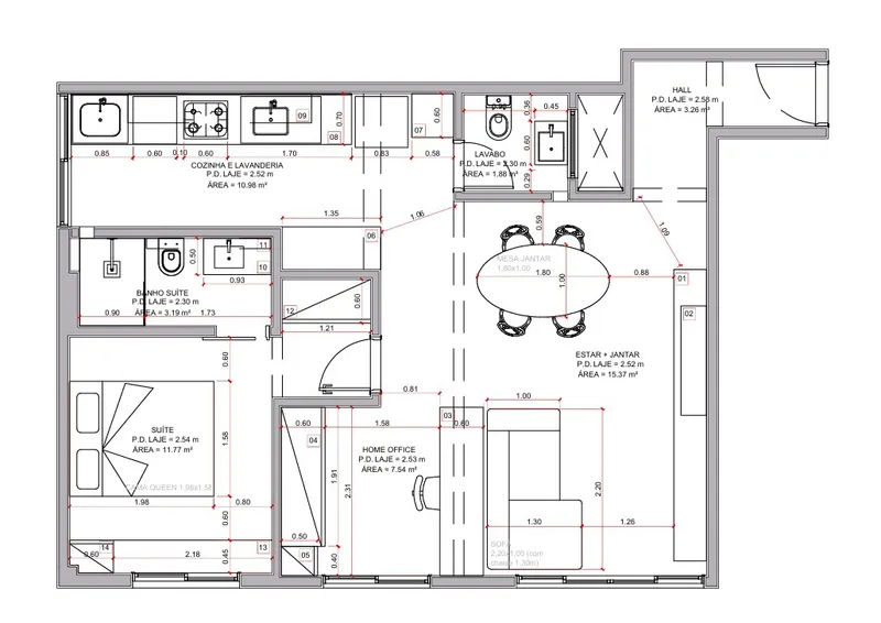 Floor plan drawing showing apartment layout with suite, kitchen, dining area and bathrooms