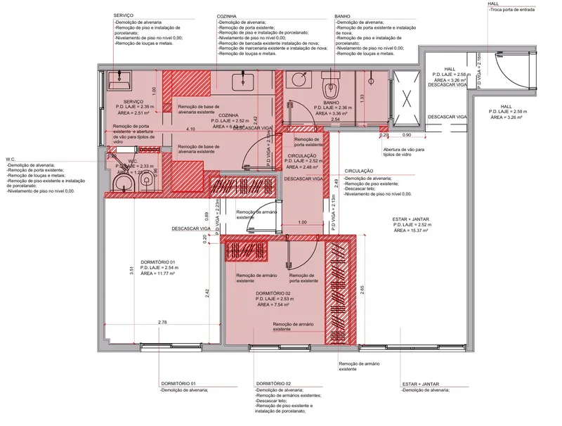 Annotated floor plan drawing with red highlights indicating demolition and renovation zones