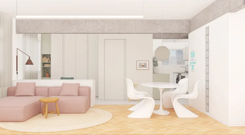 This architectural image showcases a modern and minimalist interior design with an open floor plan. The space features a pink sofa, a round dining table with wh