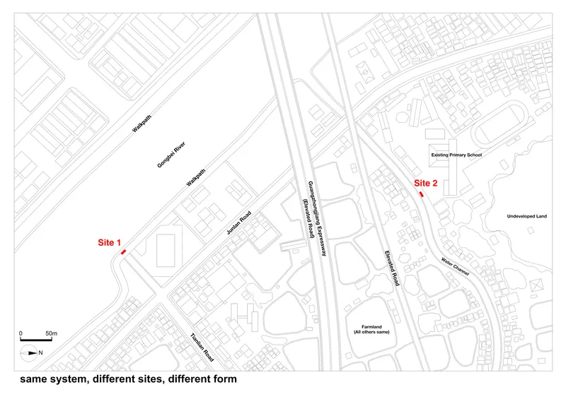Site plan drawing showing two locations marked in red within an urban street network