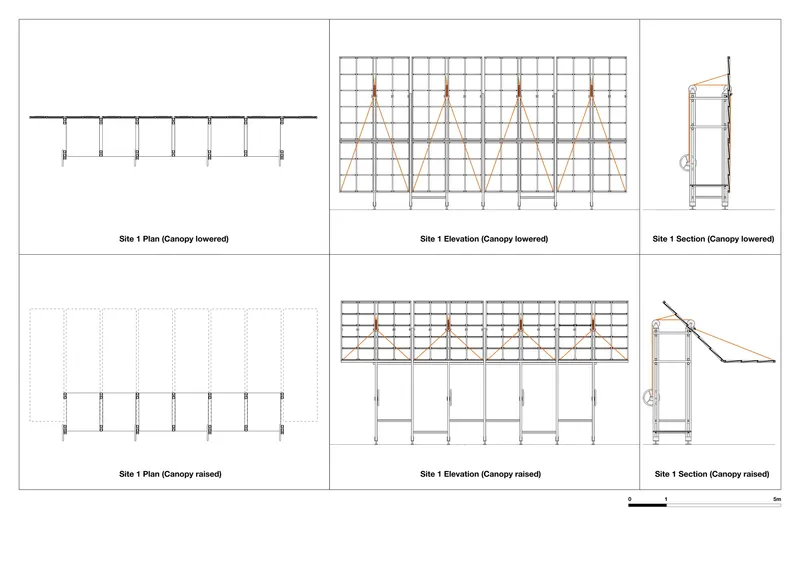 Plan, elevation and section drawings of the canopy system in lowered and raised positions