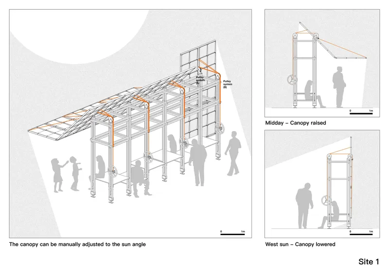 Axonometric drawing showing adjustable canopy structure with steel frame and pulley system with figures for scale