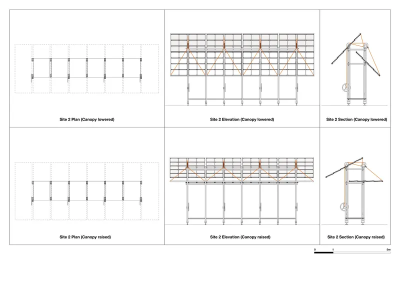 Plan, elevation and section drawings showing the canopy structure in raised and lowered positions