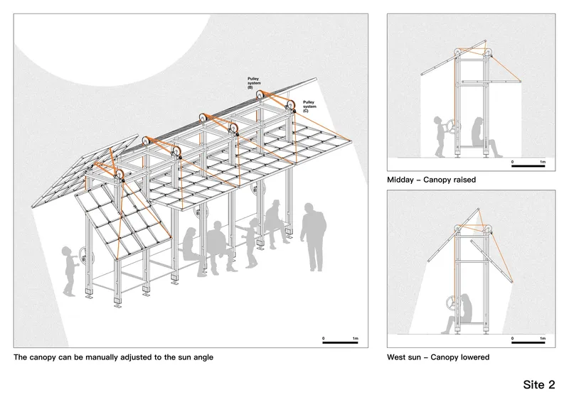 Axonometric drawing of modular shade structure with grid canopy and vertical support columns with human figures